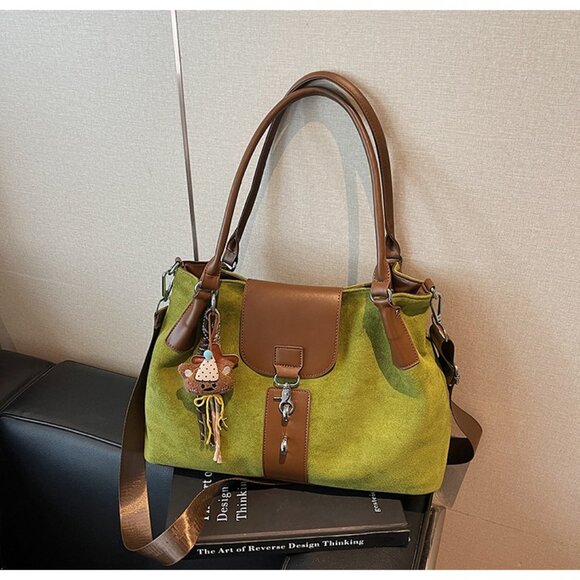 Chartreuse Suede Look Tote Bag - Crossbody Strap & Casual Cool! - Picture 3 of 9